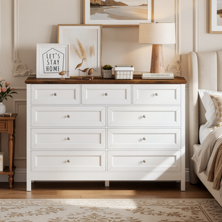 Sunvega White Wood Rustic Storage Dresser with 9 Silver Handle Drawers