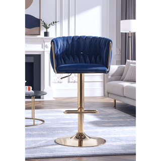 Sunvega Set of 2 Swivel Adjustable Bar Stools with Chrome Footrest and Navy Velvet