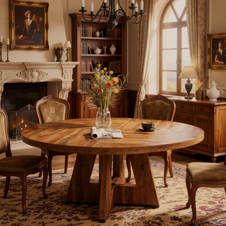 Sunvega 47 Inch Round Wood Dining Table with Walnut Finish for 4-6 Seating