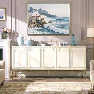 Sunvega White Lacquer Birchwood Sideboard Buffet with 5 Cabinet Doors and Adjustable Shelves