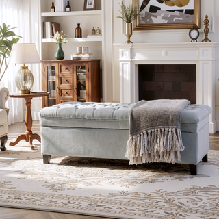 Sunvega Blue Fabric Storage Ottoman with Birch Legs for Living Room Seating
