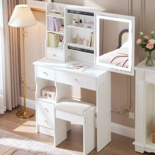 Sunvega Small Space Vanity Table with Cushioned Stool and Extra Large Sliding Mirror