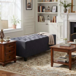 Sunvega Dark Blue Tufted Storage Ottoman with Removable Lid for Living Room
