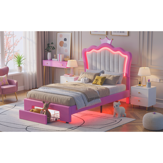 Sunvega Twin Size Upholstered Princess Bed with Crown Headboard and LED Lights