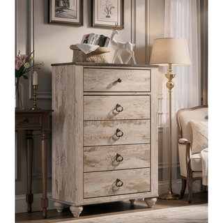 Sunvega Contemporary White Wash Queen Bedroom Set with Dresser Mirror Nightstands Chest
