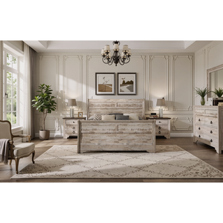 Sunvega White Wash Finish King Sleigh Bed Dresser Mirror Nightstands and Chest