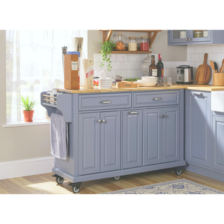 Sunvega Kitchen Cart with Rubber Wood Countertop Storage Cabinet and 2 Drawers