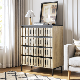 Sunvega Modern Minimalist Black Teak 4 Drawer Storage Cabinet with Slatted Design