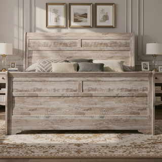 Sunvega White Wash Finish King Sleigh Bed Dresser Mirror Nightstand Bedroom Set