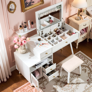 Sunvega White 3-in-1 Vanity Desk with Lighted Flip-Top Mirror and Adjustable Cabinet