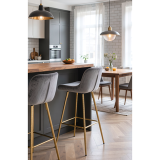 Sunvega 30 inch Set of 2 Blue Velvet Bar Stools with Chrome Footrest and Golden Legs