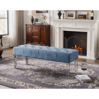 Sunvega Blue Velvet Upholstered Bench with Button Tufted Detail and Acrylic Legs