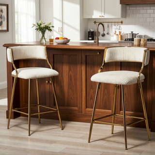 Sunvega Set of 2 Grey Corduroy Bar Stools with Back Golden Chromed Base and Footrest