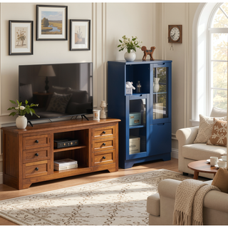Sunvega Green MDF Cabinet with Glass Doors and Drawer for Bedroom Living Room