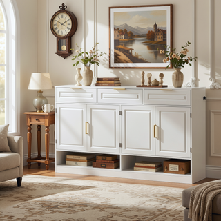Sunvega 59.1-Inch Farmhouse Sideboard with 3 Drawers and 4 Doors for Ample Storage