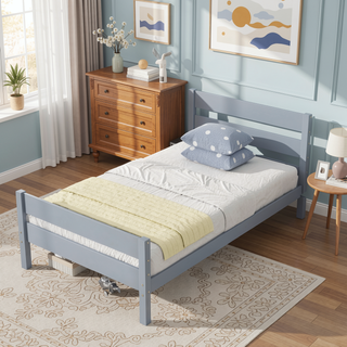 Sunvega Rubber Wood Twin Bed with Headboard and Footboard for Spacious Storage