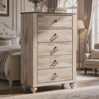 Sunvega White Wash Finish Contemporary Patched Wood Top Chest with 5 Drawers