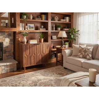 Sunvega Walnut Farmhouse Buffet Cabinet with Slatted Door Design for Kitchen Dining Room