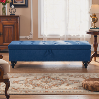 Sunvega Beige Fabric Upholstered Storage Ottoman Bench with Button Tufted Top