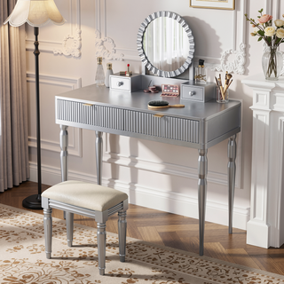 Sunvega Elegant Vanity Desk with Sunflower Mirror Height-Adjustable Dressing Table Set