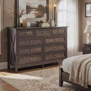 Sunvega White Wood Rustic Storage Dresser with 9 Silver Handle Drawers