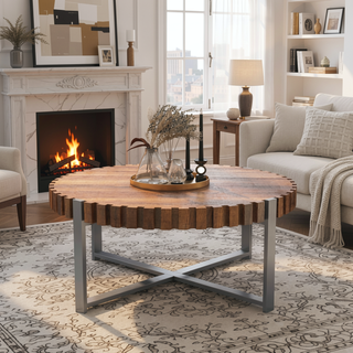 Sunvega Modern Natural Wood Grain Handmade Drum Shaped Circular Coffee Table