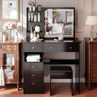Sunvega Small Size Left Drawer Vanity Table with Cushioned Stool and LED Mirror for Small Spaces