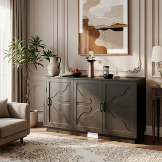 Sunvega Farmhouse Sideboard Buffet Cabinet with XL Storage and Built-In Stemware Rack