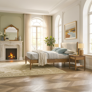 Sunvega Rubberwood Queen Bedroom Set with Corduroy Upholstered Bed Dresser Mirror Nightstand