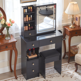 Sunvega Small Dressing Table with Sliding LED Mirror Tri-Color Light and Built-in Power Station