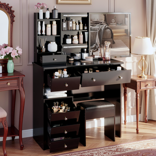 Sunvega Small Size Left Drawer Vanity Table with Cushioned Stool and Sliding Mirror