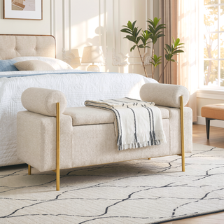 Sunvega Elegant Upholstered Linen Storage Bench with Cylindrical Arms and Iron Legs