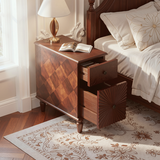 Sunvega Modern Walnut Finish Narrow Side Table with 2 Drawers for Bedroom Living Room