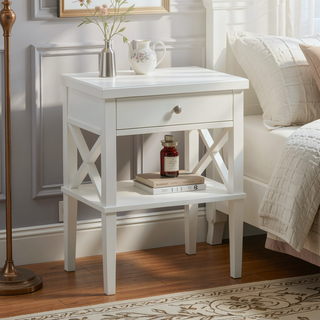 Sunvega Madison White Nightstand with Open Shelf and Full Extension Drawer