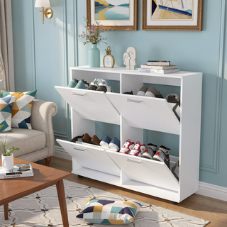 Sunvega Modern Tilt-Out Shoe Storage Cabinet with Scratch-Resistant White Finish