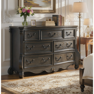 Sunvega Dark Brown Dresser with Antique Finish and Seven French Dovetail Drawers