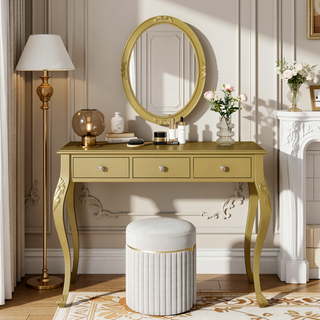 Sunvega Elegant Makeup Vanity Desk with Oval Mirror and 3 Drawers for Bedroom