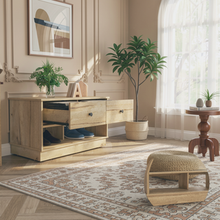 Sunvega Light Oak Storage Bench with Two Open Shelves and Two Drawers