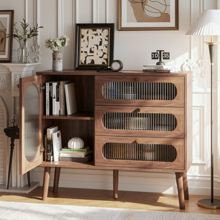 Sunvega Natural Wood Accent Cabinet with 3 Drawers and Storage Shelves