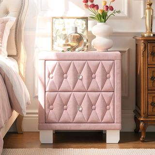 Sunvega Pink Velvet Nightstand with Crystal Knob Handles and Two Spacious Drawers