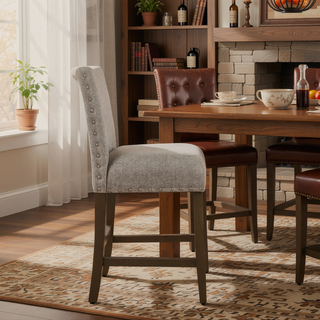 Sunvega Gray and Brown Fabric Upholstered Wooden Counter Stool with Nail Head Trims