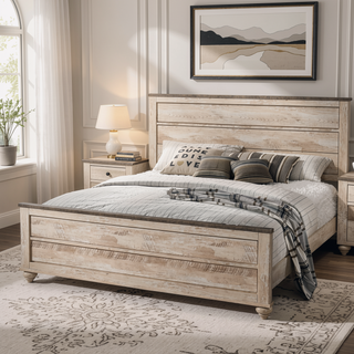 Sunvega White Wash Finish Queen Bed and Two Nightstands with Antique Walnut Trim