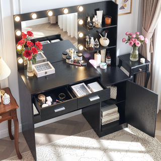 Sunvega Black 46.4 Inch Vanity Desk with Mirror Lights and Large Drawers
