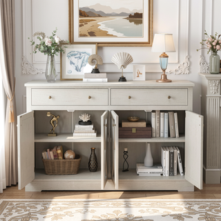 Sunvega Vintage White Sideboard with Two Drawers Four Doors and Adjustable Shelf
