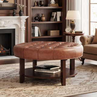 Sunvega Round Ottoman with Faux Leather Upholstery and Open Shelf for Living Room
