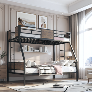 Sunvega Twin Over Full Metal Bunk Bed Frame with Guardrail and 2 Ladders for Kids