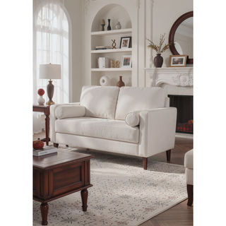 Sunvega Mid-Century Modern Off-White Leatherette Bench-Style Seating with Bolster Pillows
