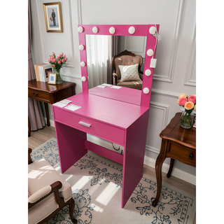 Sunvega Vanity Desk with Mirror Lights Large Drawer 1 Level Storage Dresser