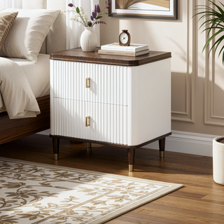 Sunvega White and Walnut Finish Nightstand with USB Port and Drawer