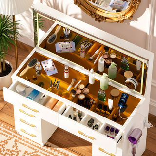 Sunvega White Glass Top Vanity Desk with 10 Drawers and Lighted Mirror